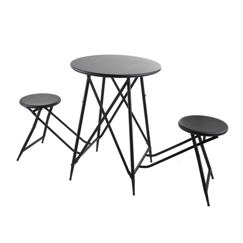 Black Foldable Side Table and Stool Set with Shelves - Black
