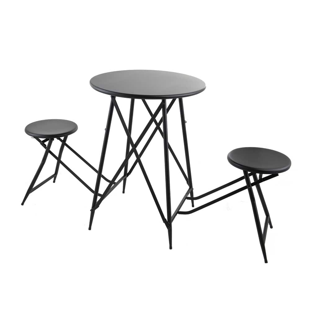 Black Foldable Side Table and Stool Set with Shelves