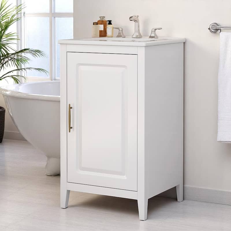20.3 Inch Bathroom Vanity with Ceramic Sink, Drawer Storage, Soft Close Door, 8-Inch Faucet Compatible - White