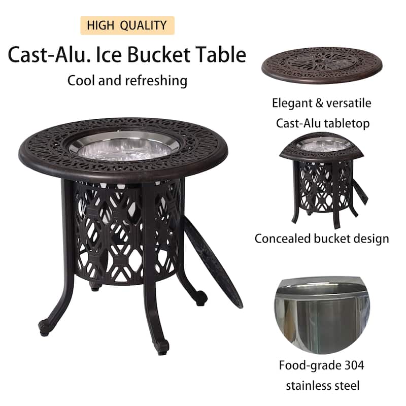 Patio Aluminum Side Table w/ Food Grade 304 Stainless Steel Ice Bucket - 21"Round-Ice-Bucket