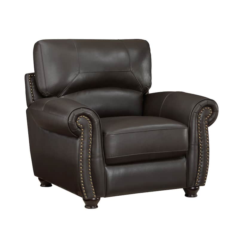 Kia 37 Inch Accent Chair, Dark Brown Top Grain and Faux Leather, Solid Wood