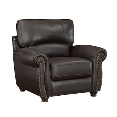 Kia 37 Inch Accent Chair, Dark Brown Top Grain and Faux Leather, Solid Wood