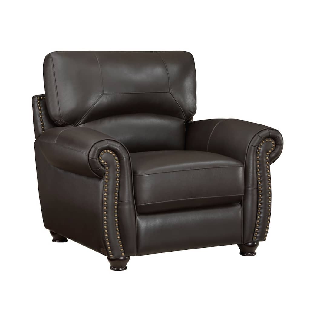 Kia 37 Inch Accent Chair, Dark Brown Top Grain and Faux Leather, Solid Wood