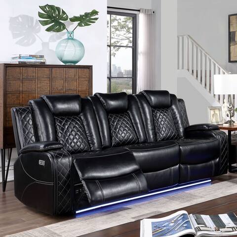 Furniture of America Aquin Black Faux Leather Power Reclining Sofa