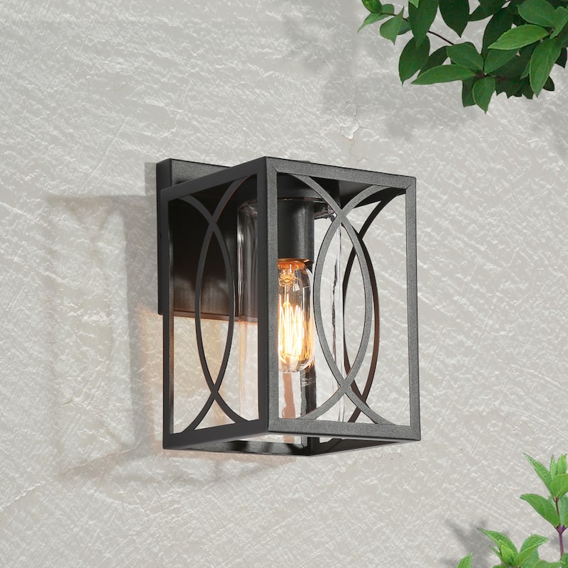 Pauly Modern Farmhouse Square 1-Light Black Outdoor Wall Lantern Sconce Glass Shade for Garage Porch Front Door