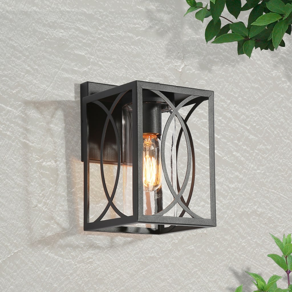 Pauly Modern Farmhouse Square 1-Light Black Outdoor Wall Lantern Sconce Glass Shade for Garage Porch Front Door