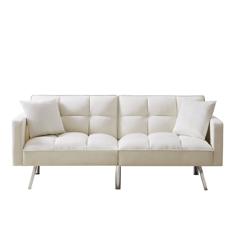 Velvet Futon Sofa Bed with Two Pillows, Convertible Sleeper Sofa Couch with 3 Angle Adjustable Backrest, Modern Loveseat