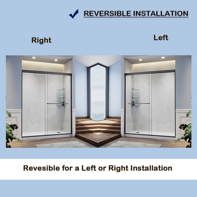 Elegant Double Sliding Shower Door 58.5-60 x 72" Width Cutting Guide Rail Adjustment Reversible installation