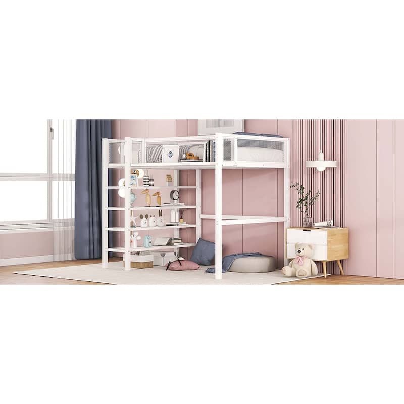 Metal Loft Bed with 4-Tier Shelves and Storage