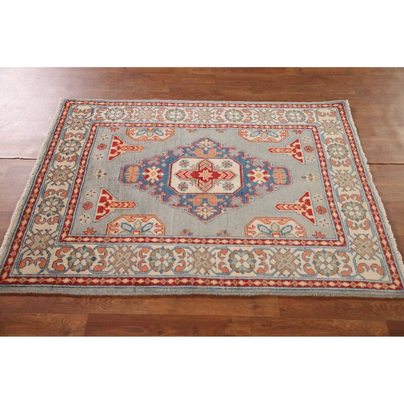 Geometric Kazak Oriental Accent Rug Hand-Knotted Blue Wool Carpet - 3'5"x 4'10"