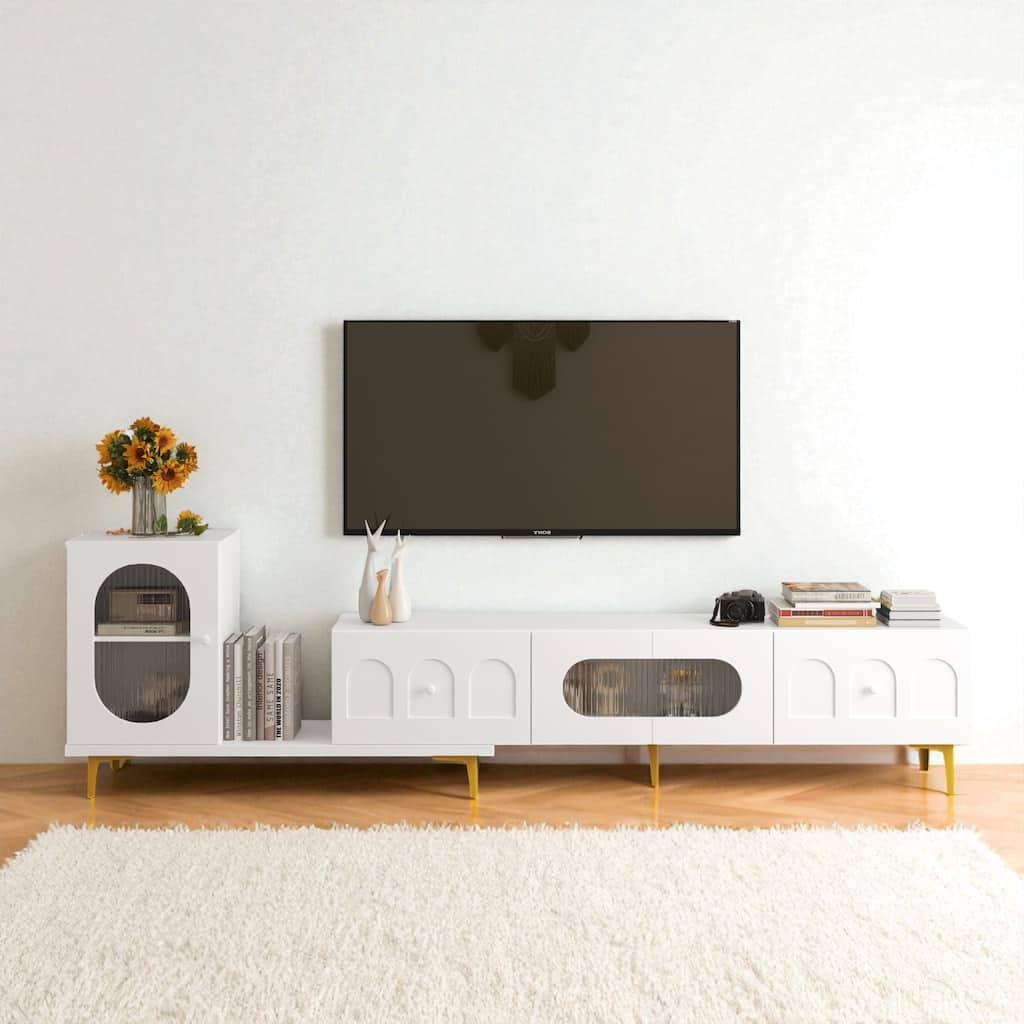 Modern Wood Extendable TV Stand, Rectangular Media Console with 4 Cabinets for TVs up to 89", Adjustable Design