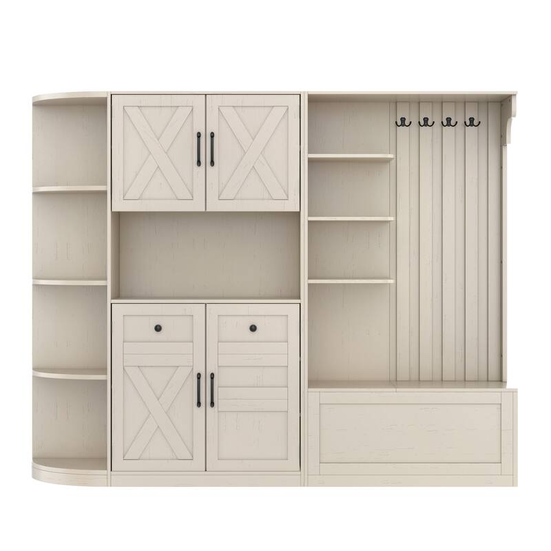 2-in-1 Hall Tree & Storage Cabinet for Living Room, Multifunctional Left-Right Combination Hall Cabinet with Bench and 4 Hooks