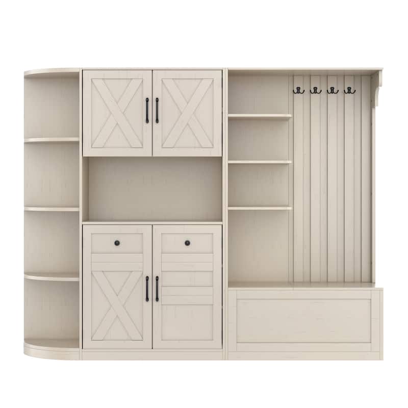 Multifunctional Left-Right Combination Hall Cabinet With Storage And 4 Hooks, Storage Cabinet/ Hall Tree 2 In 1