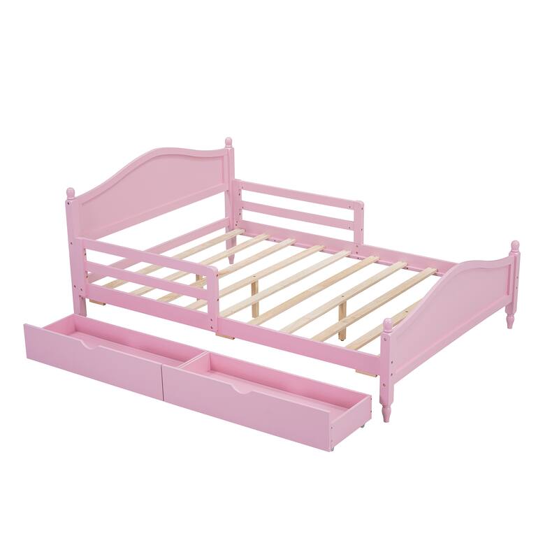 Wood Platform Bed with Guardrails on Both Sides and Two Storage Drawers