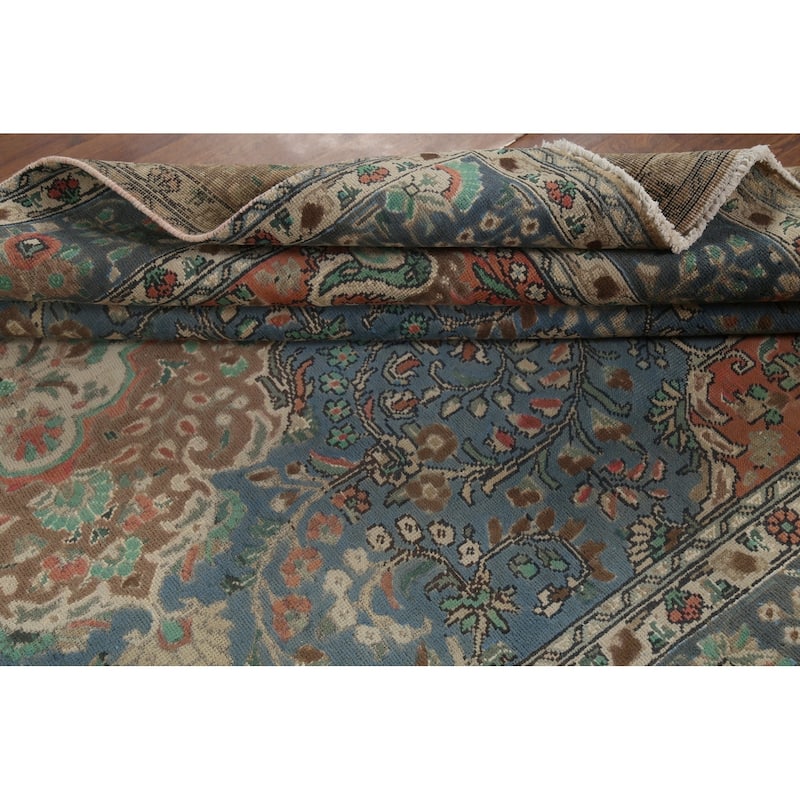 Blue Floral Tabriz Persian Vintage Area Rug Handmade Wool Carpet - 6'7"x 9'11"