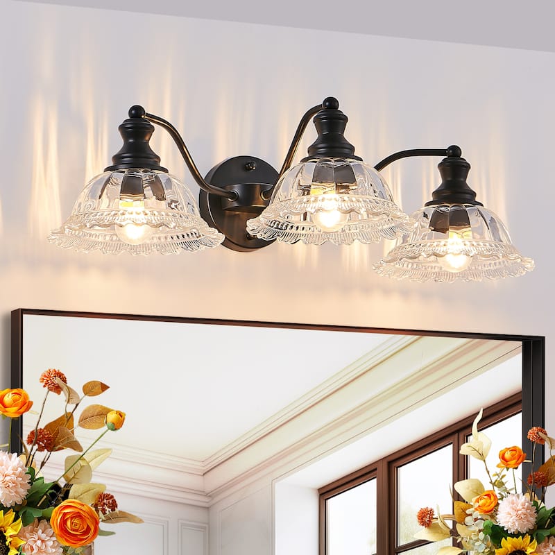 24" 3-Light Black Vintage Vanity - Glass - Bathroom Bedroom(Bulb Not Included) - Black