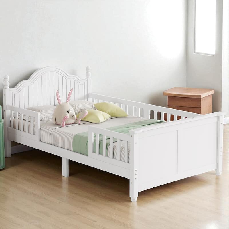 Twin/Full Size Wooden Kids Bed with Headboard, Footboard, Guardrails and Storage, Platform Bed Frame