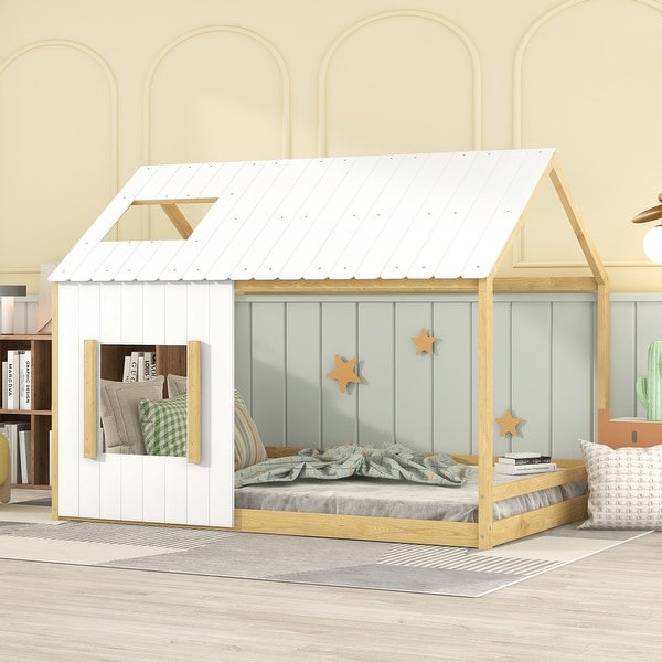Full Size House Bed Kids Beds Modern Wood Big Twin Bed with Roof