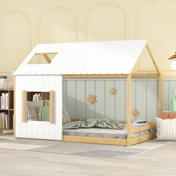 slide 2 of 9, White+Natural Whimsical Pine Wood Twin House Bed with Roof and Window White+Natural