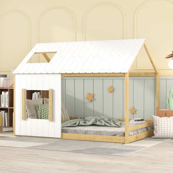 slide 2 of 9, White/Natural Modern Pine Wood House Bed with Roof and Window, Sturdy Construction