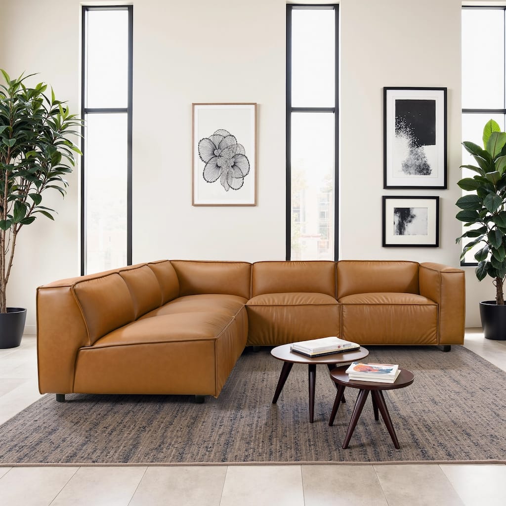 Lodi Mid Century Modern Vegan Leather L-Shaped Corner Sofa in Cognac