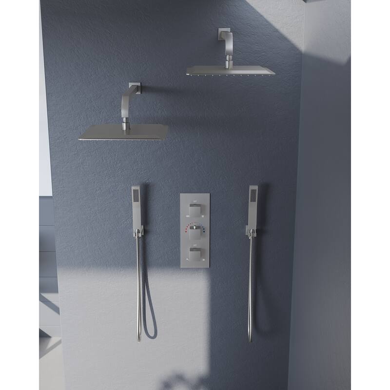 GRANDJOY 12 inch Wall Mounted Dual Shower Heads with Handheld Spray Combo Thermostatic High Pressure Shower System