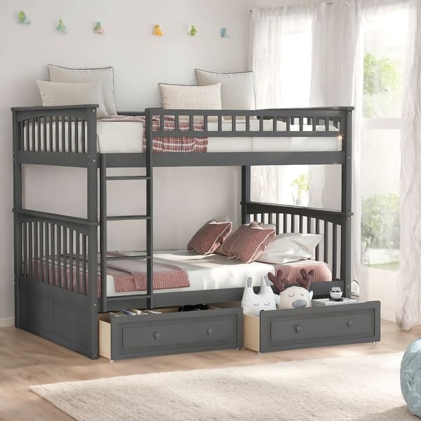 slide 2 of 23, Full over Full Bunk Kids Bed with Guardrail & Drawers, Convertible Beds, Grey