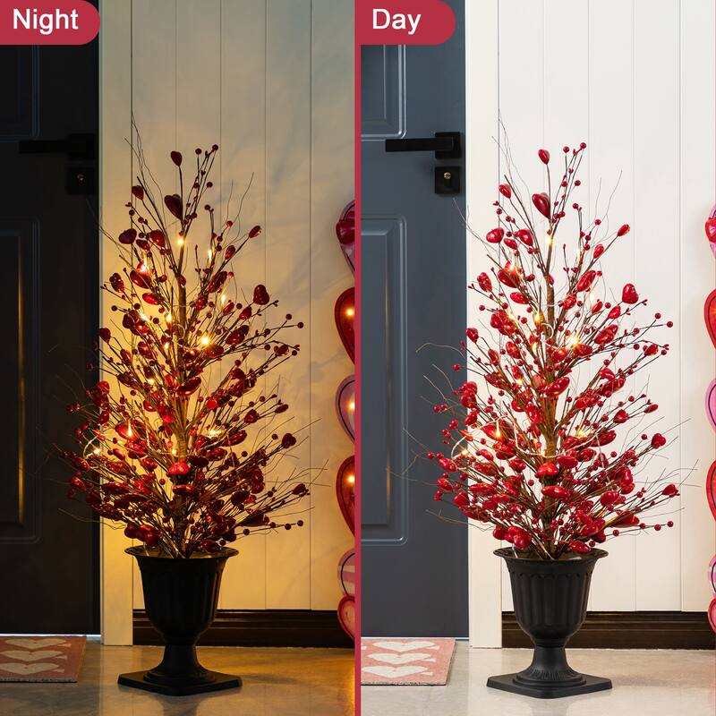 Glitzhome 36"H Valentine's Lighted Berry Heart Urn Porch Tree w/Timer - 2-Piece