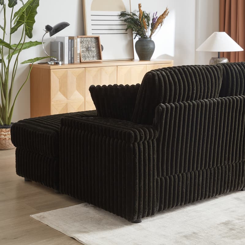 84" Corduroy 3-Seater Sofa with Storage, Ottoman and Cup Holders, Includes 5 Pillows