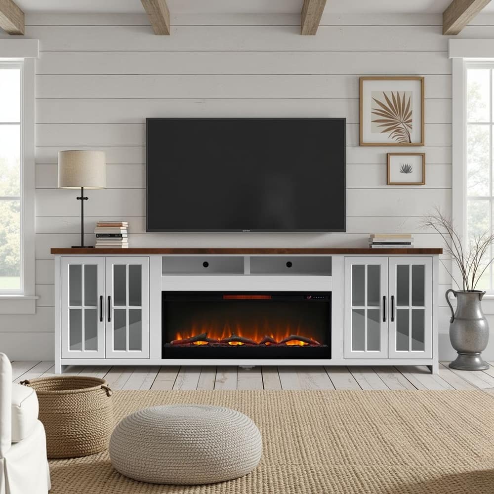 Bridgevine Home Modern Farmhouse 97 inch Fireplace TV Console for TVs up to 100 inches, Two-Tone Finish