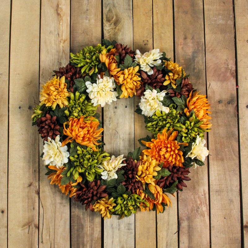 Autumn Orange Green Chrysanthemum Artificial Thanksgiving Wreath 19.5"