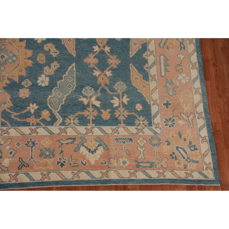 Hand Knotted Oriental 100% Wool Carpet Transitional All-Over Navy Blue & Blues Oushak Area Rug - 13' 10'' X 10' 1''