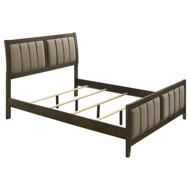 WIly 5 Piece Queen Bedroom Set, Dark Brown, Beige Upholstery, Nickel