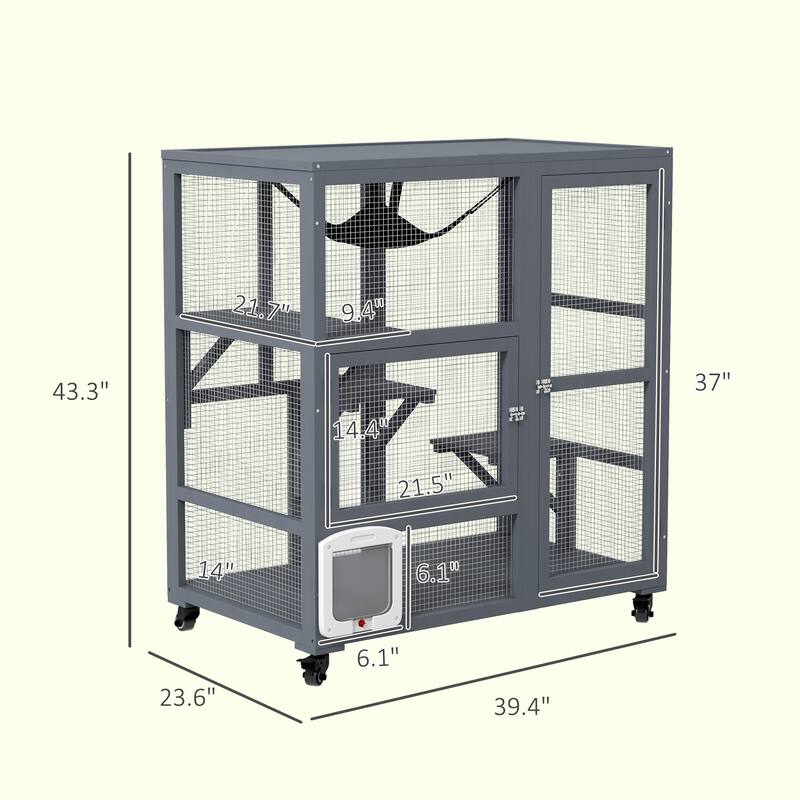 PawHut Large Cat House, Indoor / Outdoor Wooden Cat Catio on Wheels, Cat Enclosure with Platforms, Hammock, Cat Flap Door
