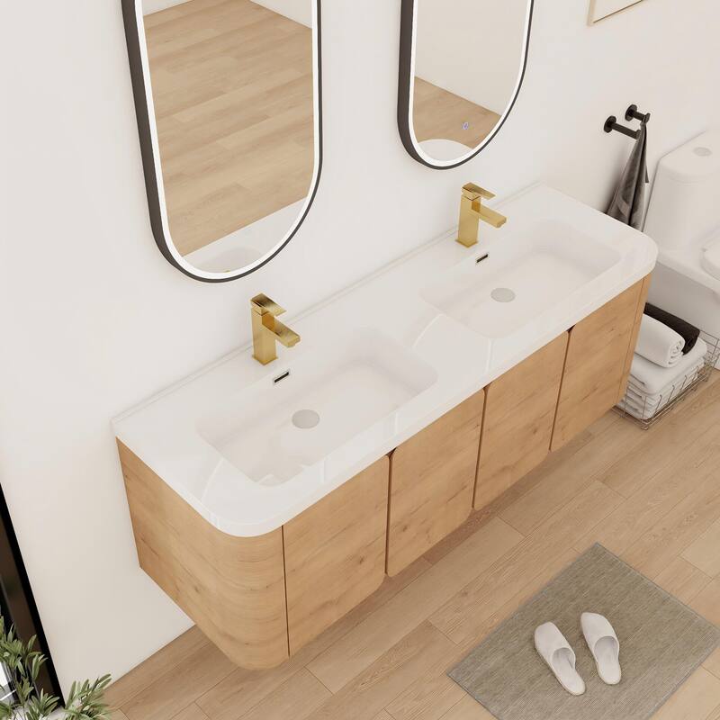 Bathroom Vanity With Resin Sink In 48/60 Inch, Floating Bathroom Vanity With Soft Close Doors
