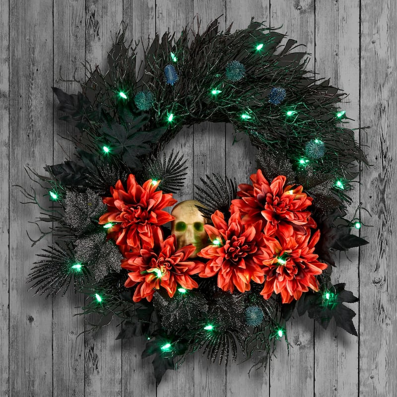 National Tree Company 24" Artificial Boo-tiful Halloween Wreath with Orange Florals and White Skull, 30 Green LED Lights - 2 ft