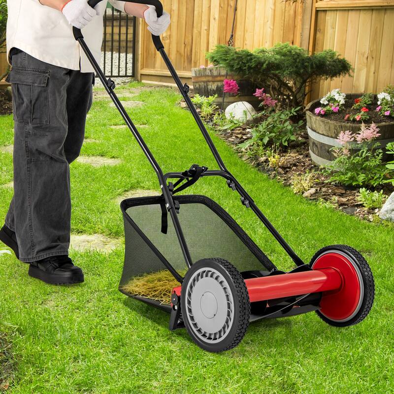 Manganese Steel Manual Lawn Mower with 5 Blades and Grass Bag - 23" L x 28" W x 49" H
