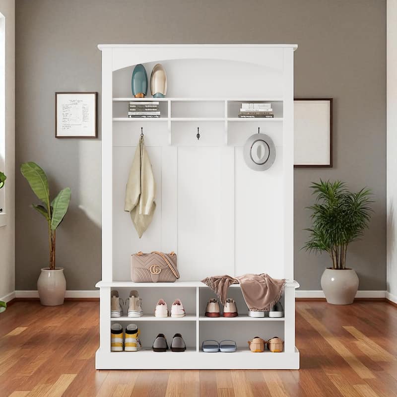 47.2 in Hall Tree with Bench & Shoe Storage, 3 Hooks, Adjustable Shelves, Modern Entryway Coat Rack 75.3 in H