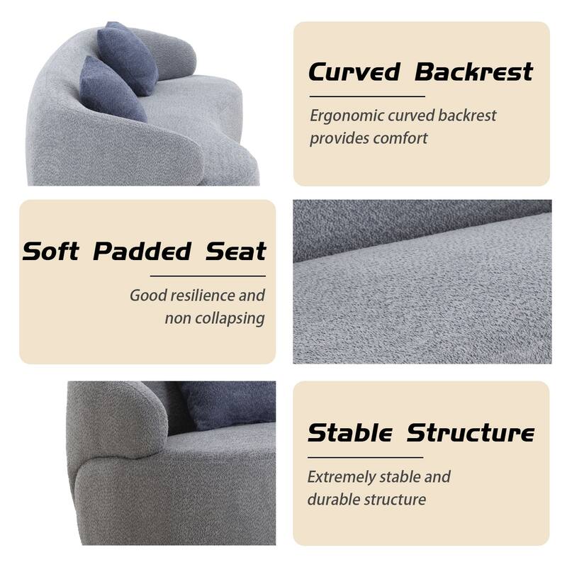 Minimalist Curved Sofa with Pillows - Soft Corduroy or Cozy Polar Fleece Upholstery