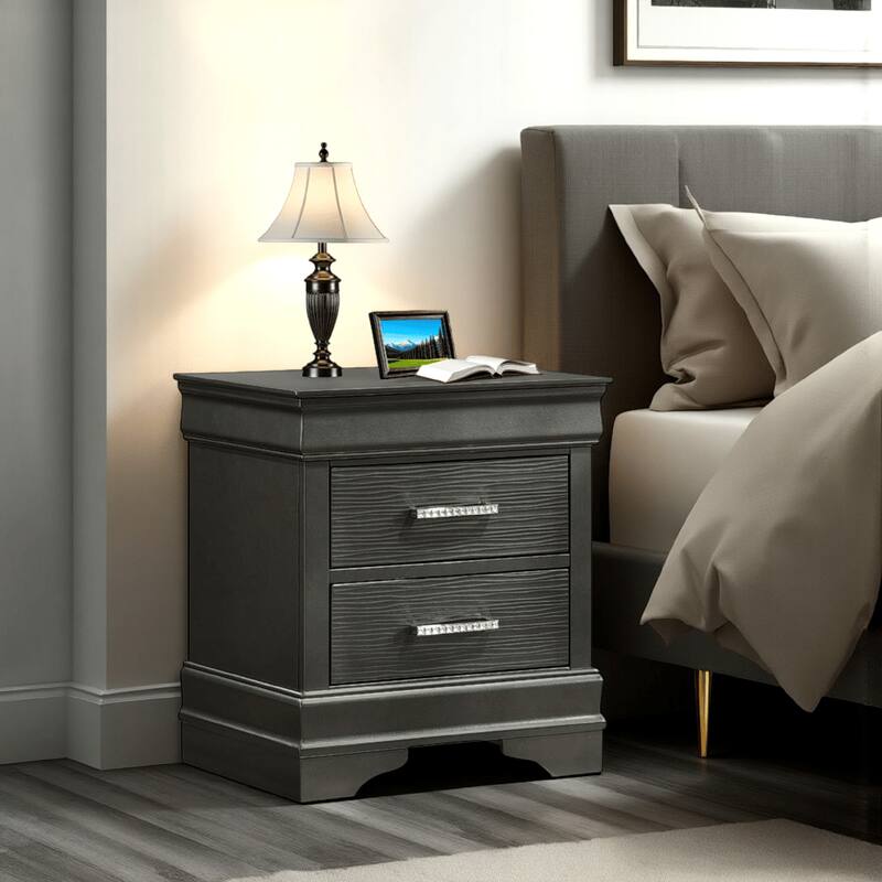Jean Nightstand, 2 Drawers, Curved Frame, 24 Inch Dark Gray Solid Wood