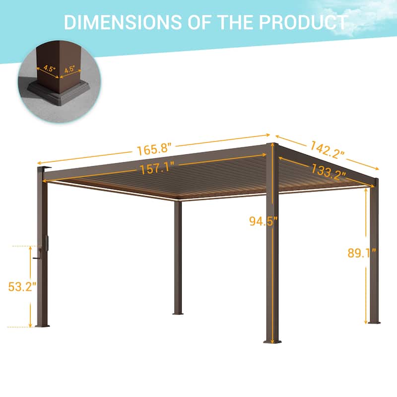 Outdoor Aluminized Steel Pergola, Modern Style with Adjustable Louvers and Concealed Water Drainage System