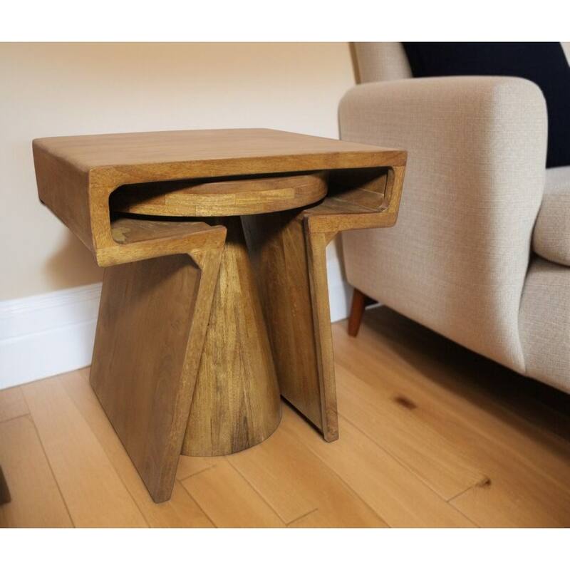 HomeRoots Set of Two Walnut Distressed Solid Wood Pedestal Nested Tables - 21.00 in. x 22.50 in. x 18.00 in. - Walnut - Wood