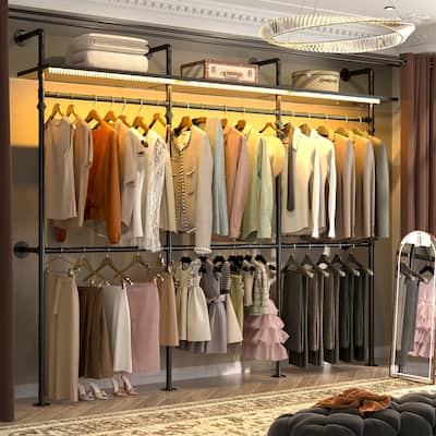 Industrial Pipe Clothing Rack, Reversible 118.3'' Garment Rack with LED Lights& Shelves for Walk-in Closet