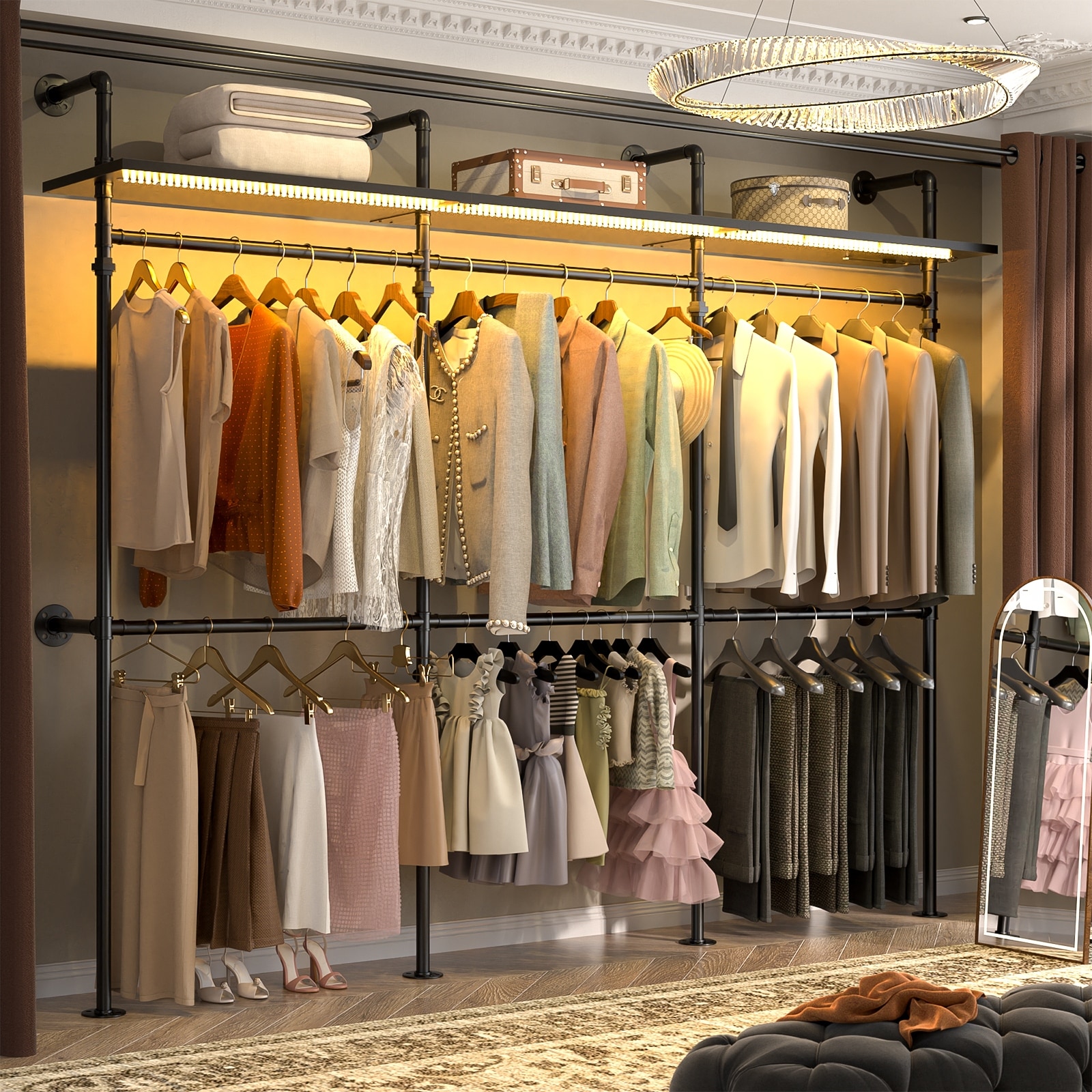 Industrial Pipe Clothing Rack, Reversible 118.3'' Garment Rack with LED Lights& Shelves for Walk-in Closet