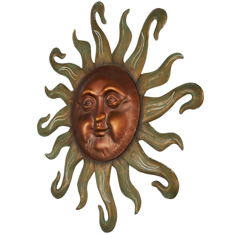 Copper Metal Sun Home Wall Decor with Smiling Face and Curved Rays