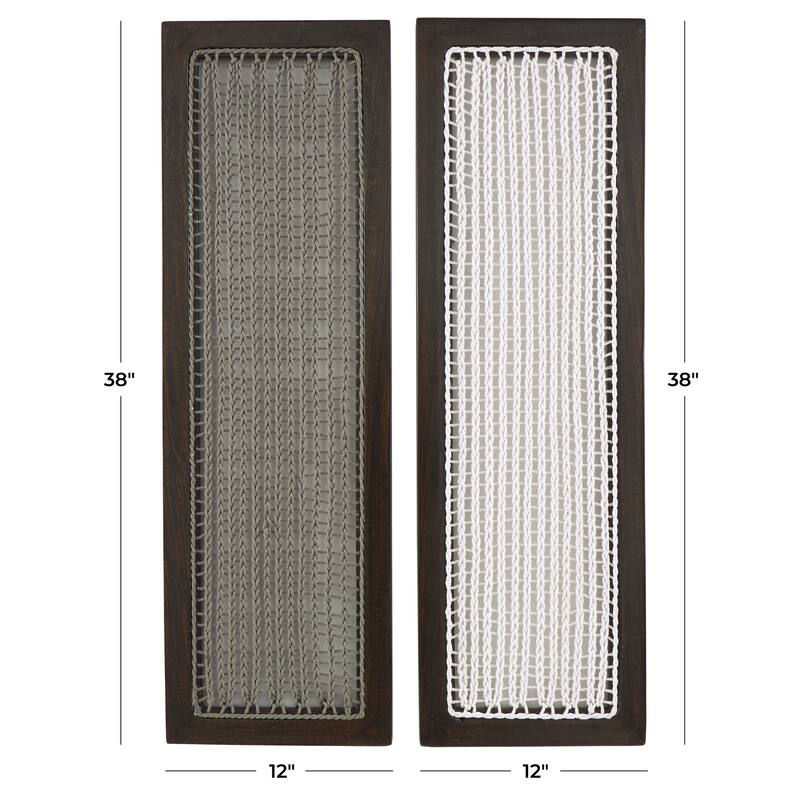 Dark Brown Mango Wood Handmade Woven Geometric Home Wall Decor with White and Sage Macrame (Set of 2)