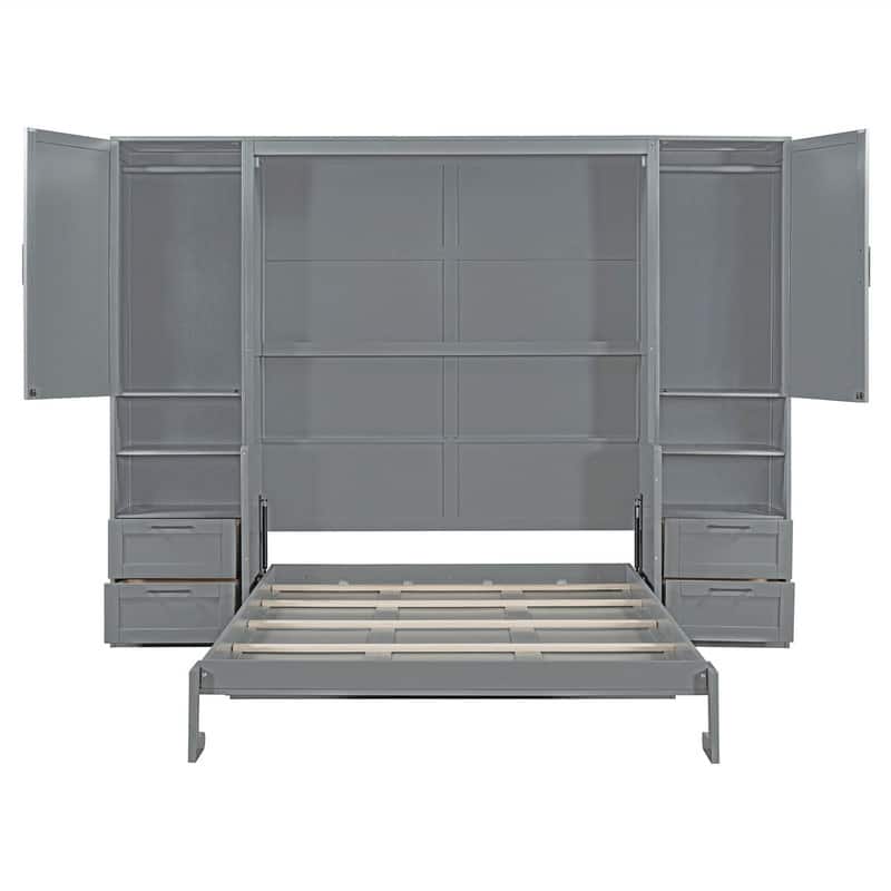 Queen Size Murphy Bed Wall Bed with 2 Wardrobes and 4 Storage Drawers, Foldable Murphy Cabinet Bed w/Open Storage Shelves& Stool