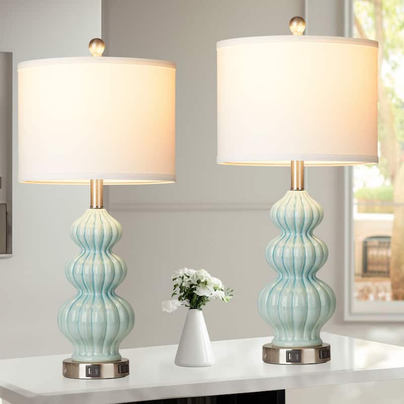 Table Lamps Ceramic Cyan Drum Shade USB Charging Port AC Outlet Touch Switch (Set of 2) - 12'' x 12'' x 25'' (L x W x H)