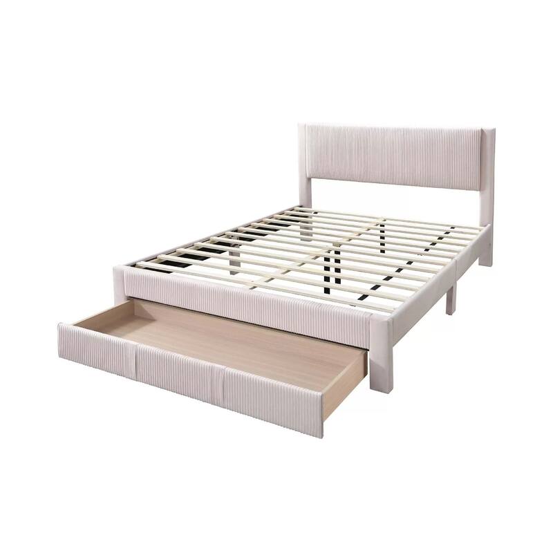 Daisy Full Bed w Drawer, Light Pink Corduroy Upholstery, Foam Headboard