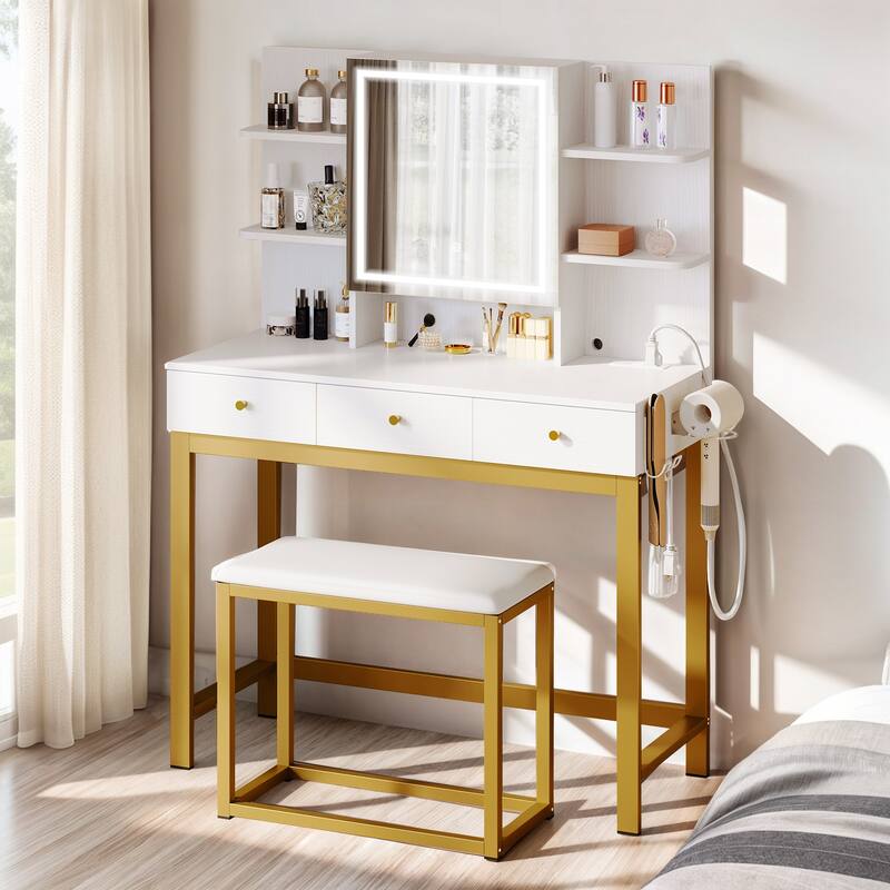 Moasis 3 Drawers Vanity Desk with Mirror Lights and Hidden Storage Shelves